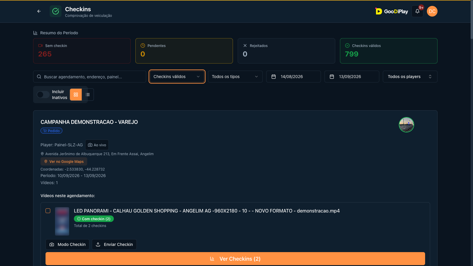 Check-in com player, endereço, coordenadas e vídeo veiculado
