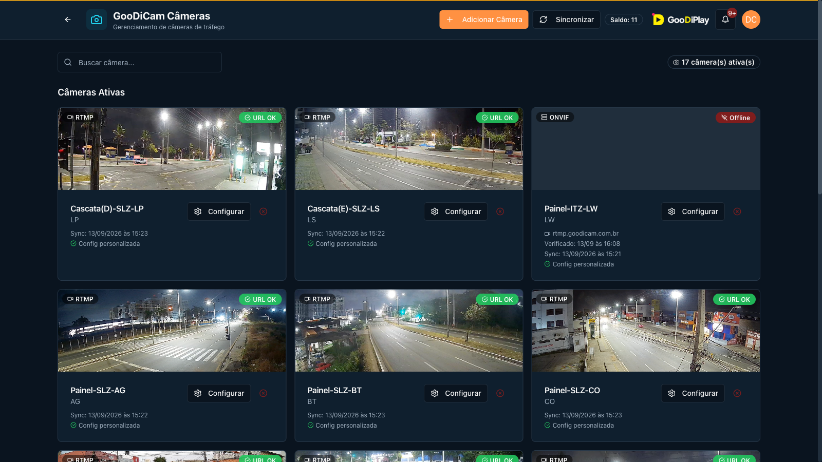 Câmeras ativas com prévia ao vivo e status de sincronização