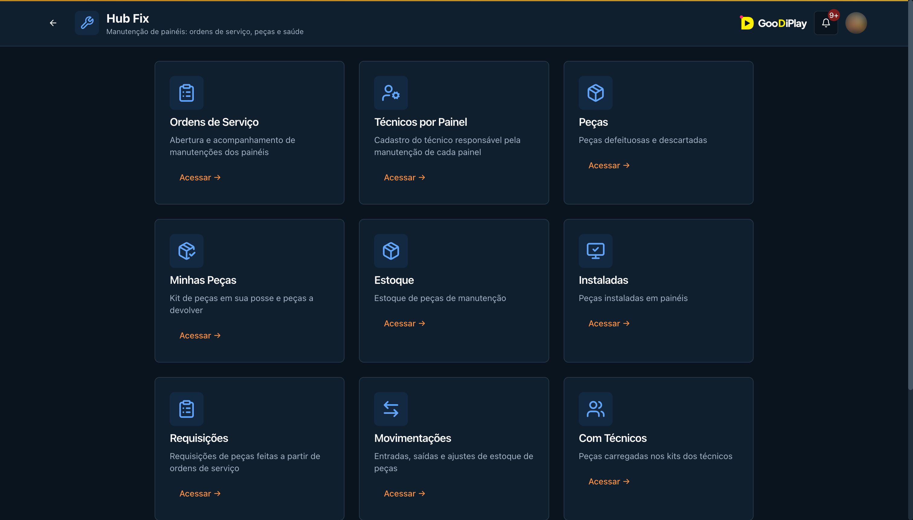 Hub Fix com ordens de serviço, técnicos, peças e estoque