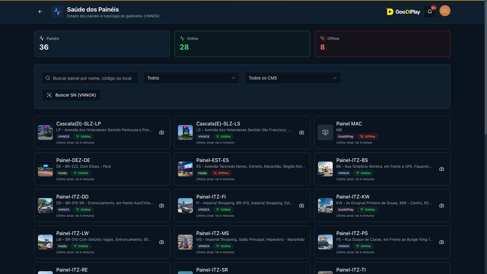 Saúde dos painéis com status online, CMS e último sinal