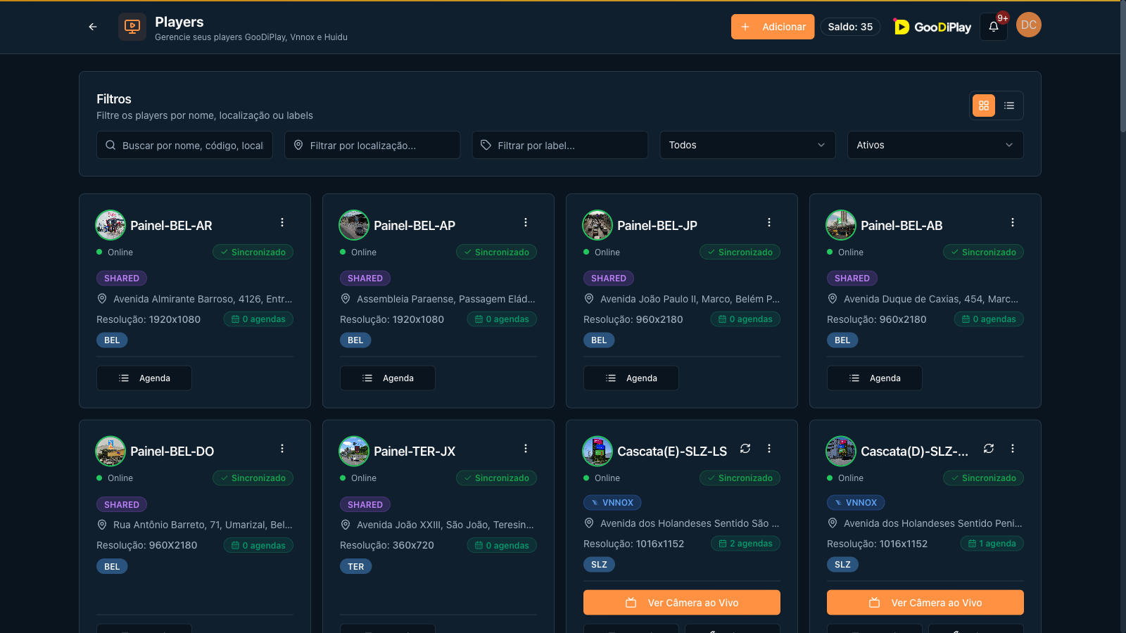 Players de GooDiPlay, Huidu e VNNOX no mesmo cadastro