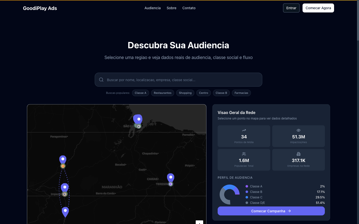 Portal do anunciante com mapa dos painéis e perfil de audiência da rede