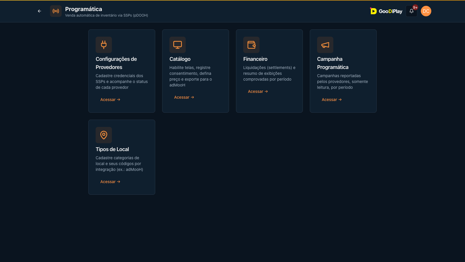 Programática com provedores, catálogo, financeiro e campanhas
